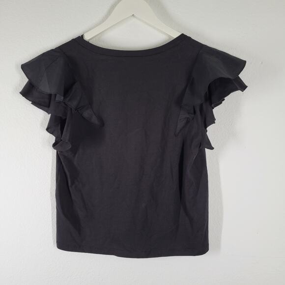 Zara Ruffle Sleeve T Shirt Black Sz Medium 100% Cotton - Picture 5 of 9